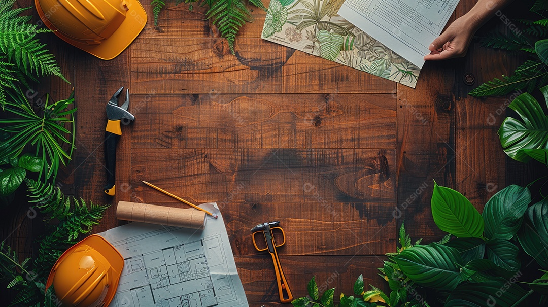 Uma variedade de ferramentas de construção bem organizadas e um capacete amarelo sobre uma mesa de madeira vintage