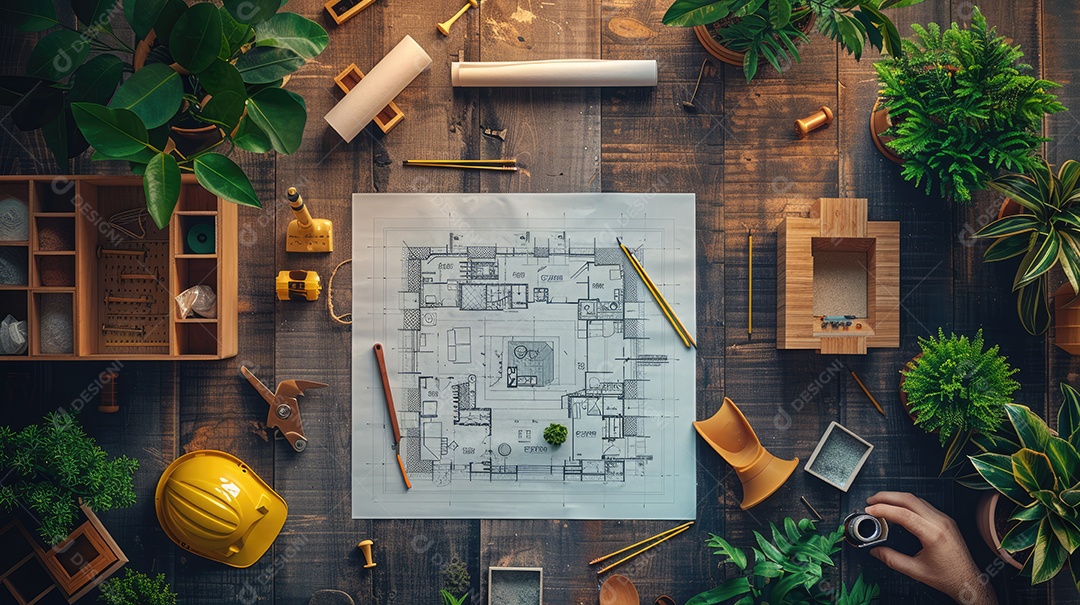 Uma variedade de ferramentas de construção bem organizadas e um capacete amarelo sobre uma mesa de madeira vintage