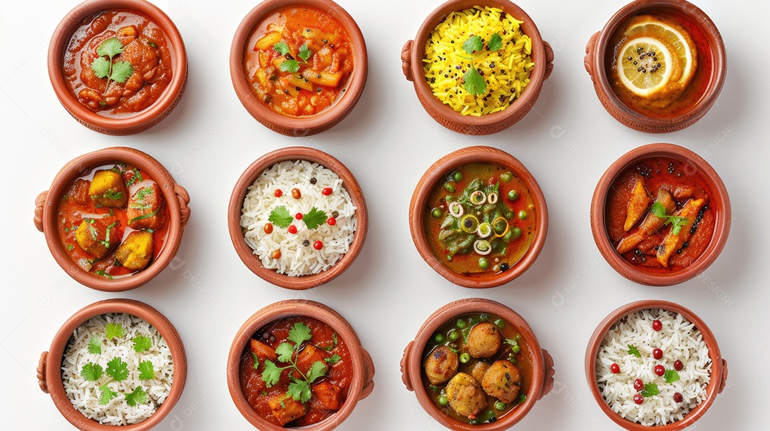 Uma variedade de alimentos é exibida em uma mesa branca incluindo camarão brócolis