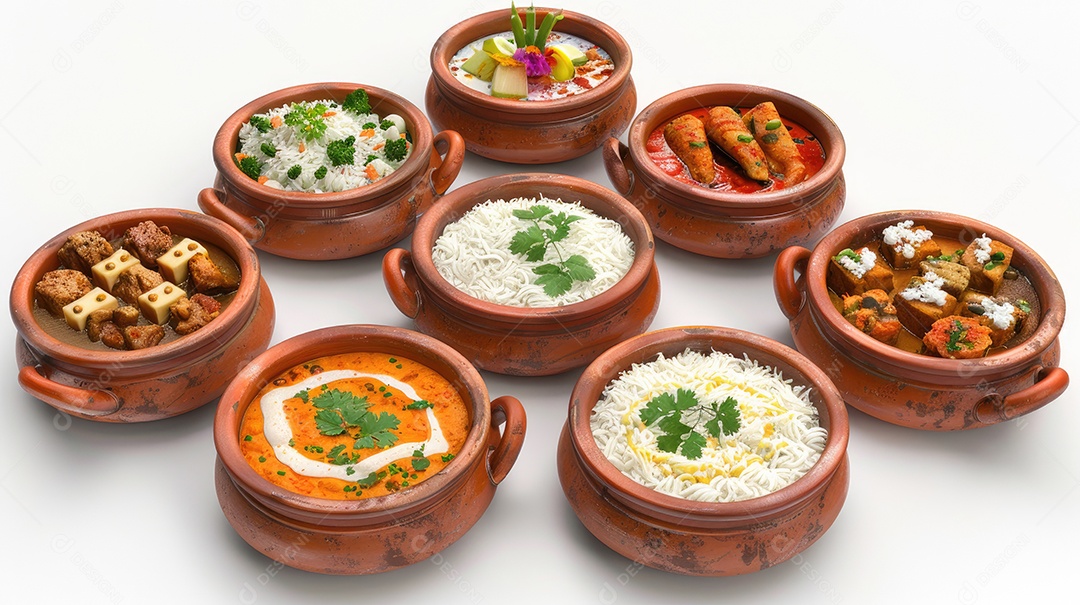 Uma variedade de alimentos é exibida em uma mesa branca incluindo camarão brócolis