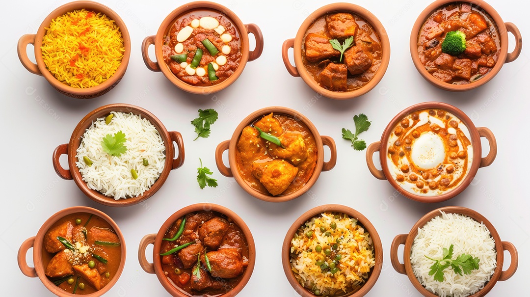 Uma variedade de alimentos é exibida em uma mesa branca incluindo camarão brócolis