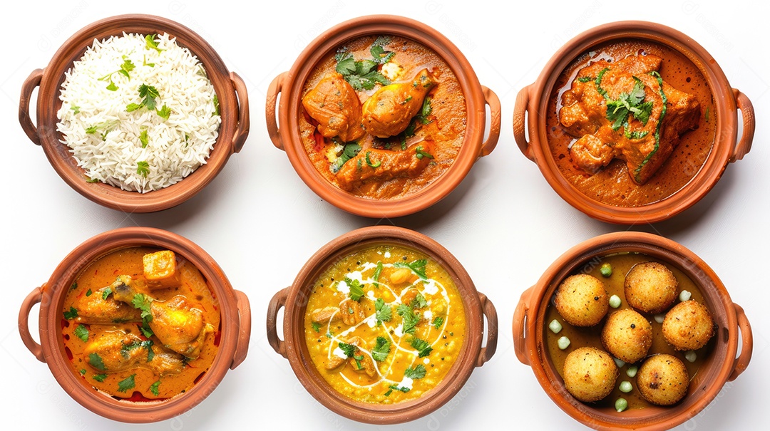 Uma variedade de alimentos é exibida em uma mesa branca incluindo camarão brócolis