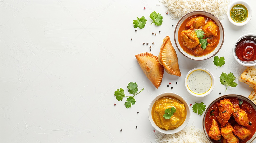 Uma variedade de alimentos é exibida em uma mesa branca incluindo camarão brócolis