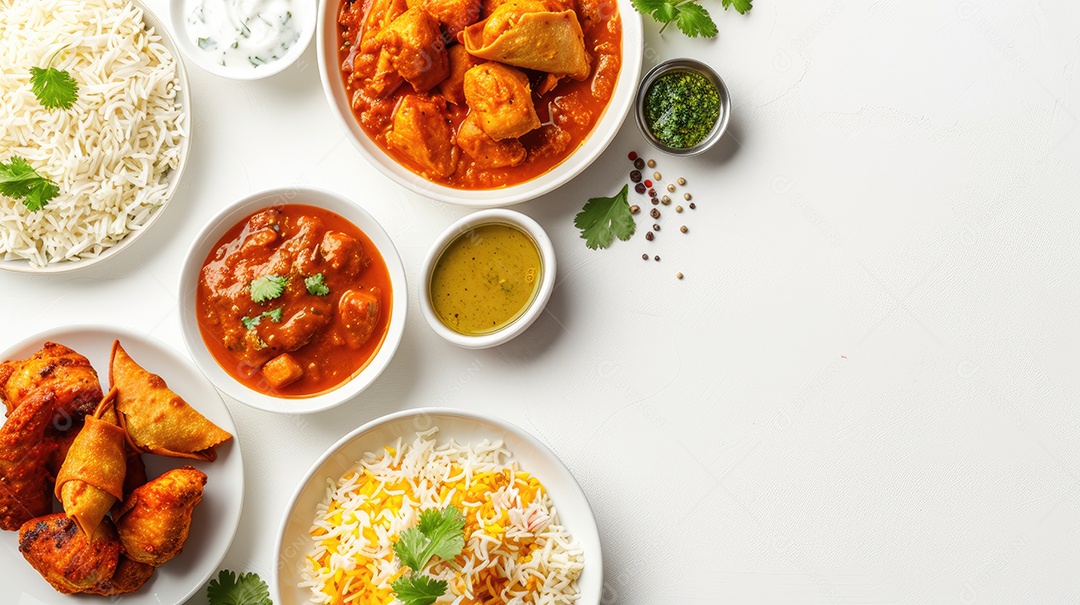 Uma variedade de alimentos é exibida em uma mesa branca incluindo camarão brócolis