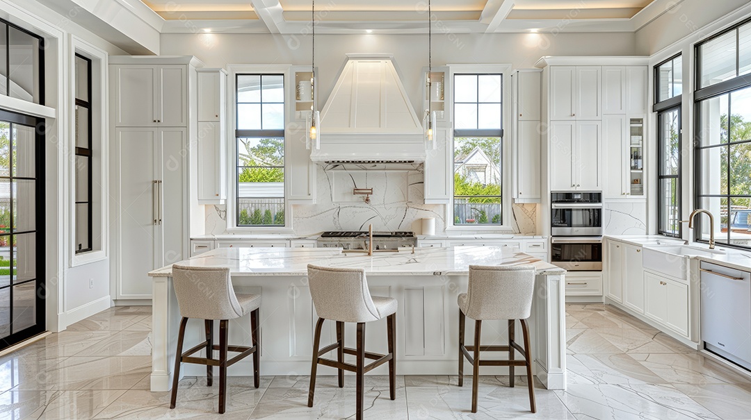 Cozinha moderna com painéis de mármore branco e balcão de ilha um conceito de design de interiores maquete de projeto em branco e colorido de uma casa de luxo