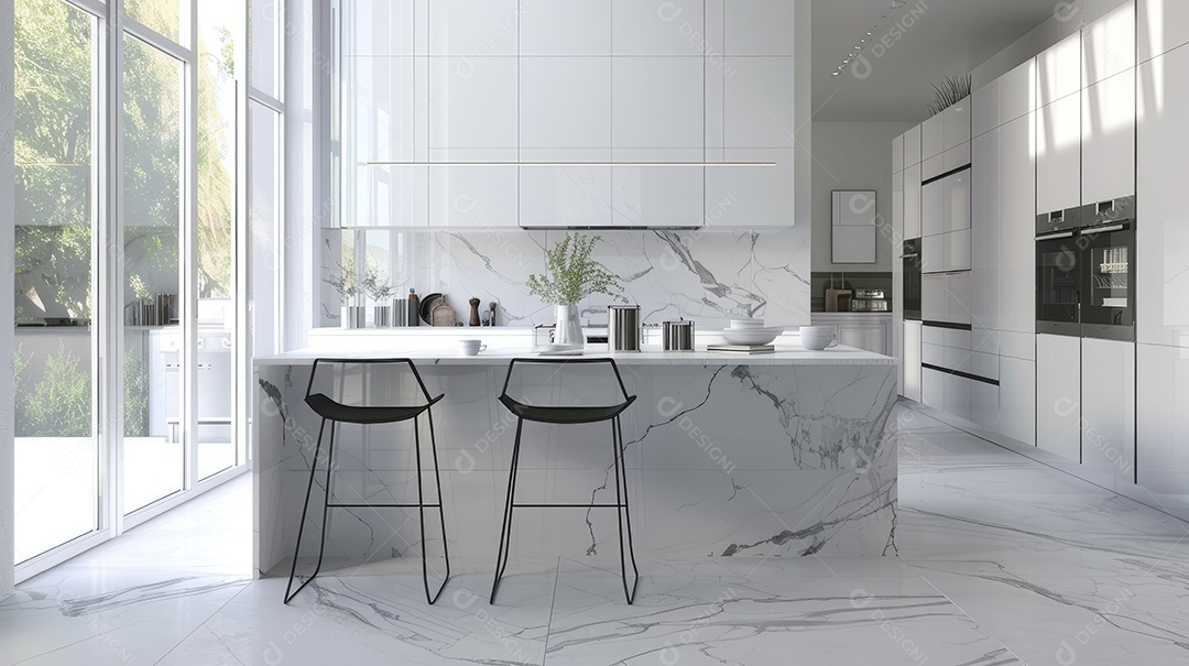 Cozinha moderna com painéis de mármore branco e balcão de ilha um conceito de design de interiores maquete de projeto em branco e colorido de uma casa de luxo