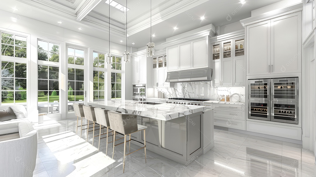 Cozinha moderna com painéis de mármore branco e balcão de ilha um conceito de design de interiores maquete de projeto em branco e colorido de uma casa de luxo