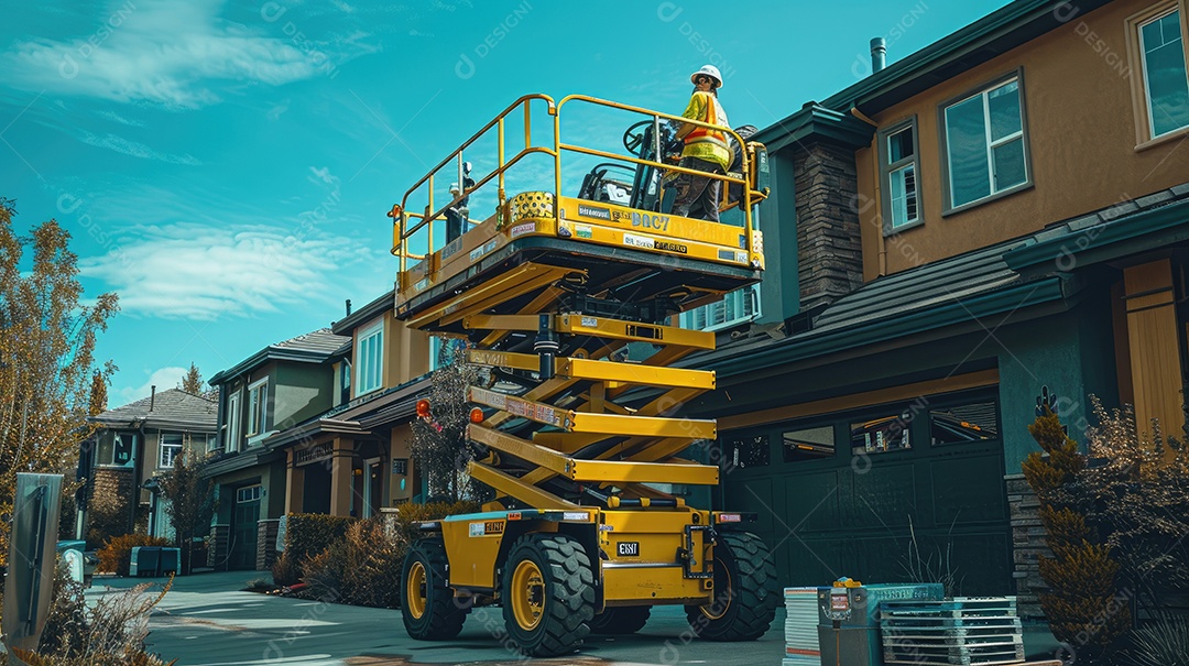 Uma plataforma elevatória articulada autopropelida amarela e uma plataforma elevatória tipo tesoura posicionadas em uma rua ladeada por árvores e o céu ao fundo
