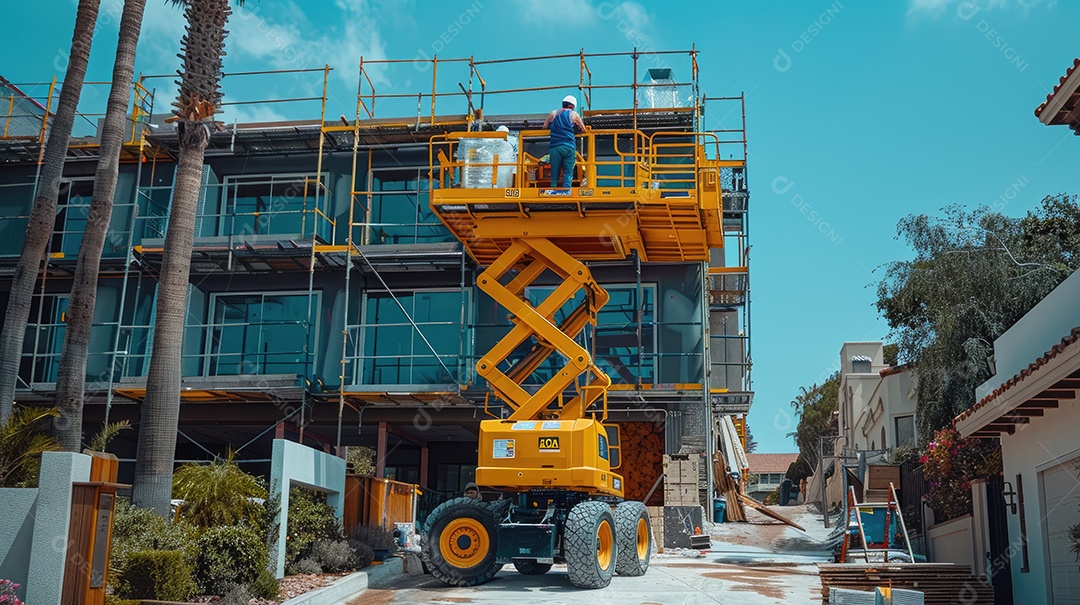 Uma plataforma elevatória articulada autopropelida amarela e uma plataforma elevatória tipo tesoura posicionadas em uma rua ladeada por árvores e o céu ao fundo
