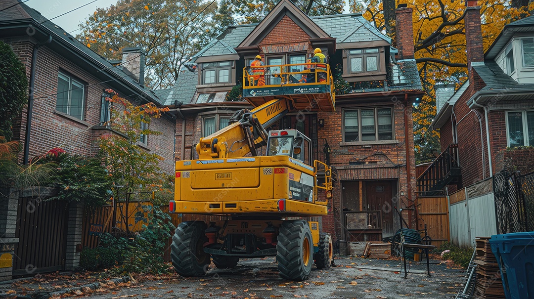 Uma plataforma elevatória articulada autopropelida amarela e uma plataforma elevatória tipo tesoura posicionadas em uma rua ladeada por árvores e o céu ao fundo