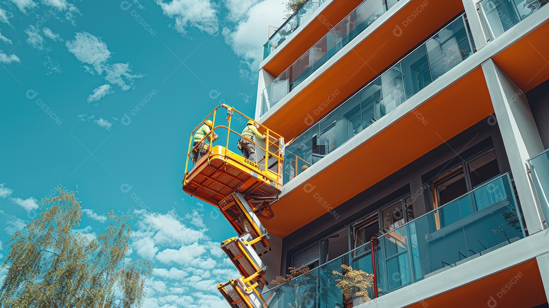 Uma plataforma elevatória articulada autopropelida amarela e uma plataforma elevatória tipo tesoura posicionadas em uma rua ladeada por árvores e o céu ao fundo