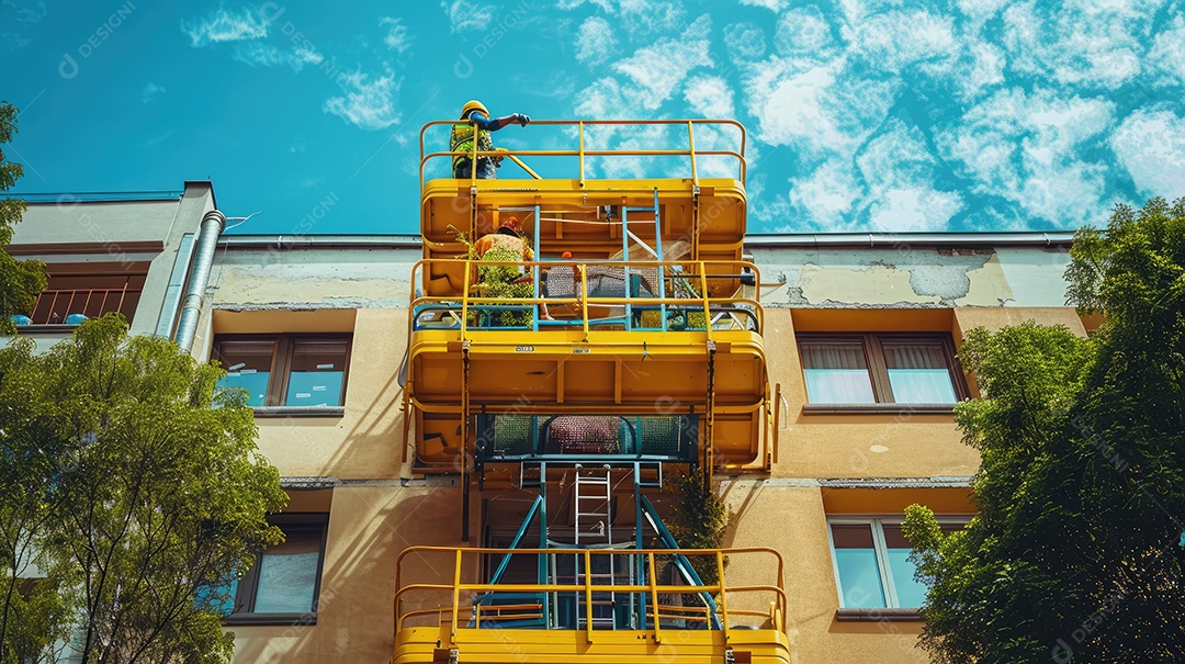Uma plataforma elevatória articulada autopropelida amarela e uma plataforma elevatória tipo tesoura posicionadas em uma rua ladeada por árvores e o céu ao fundo
