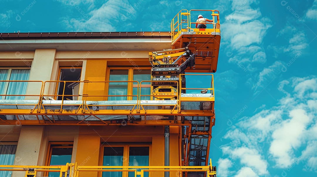 Uma plataforma elevatória articulada autopropelida amarela e uma plataforma elevatória tipo tesoura posicionadas em uma rua ladeada por árvores e o céu ao fundo