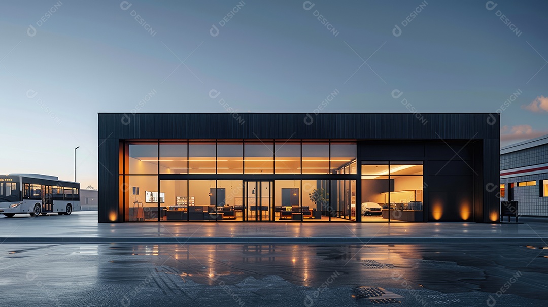 Um armazém moderno preto com fachada de vidro na hora azul