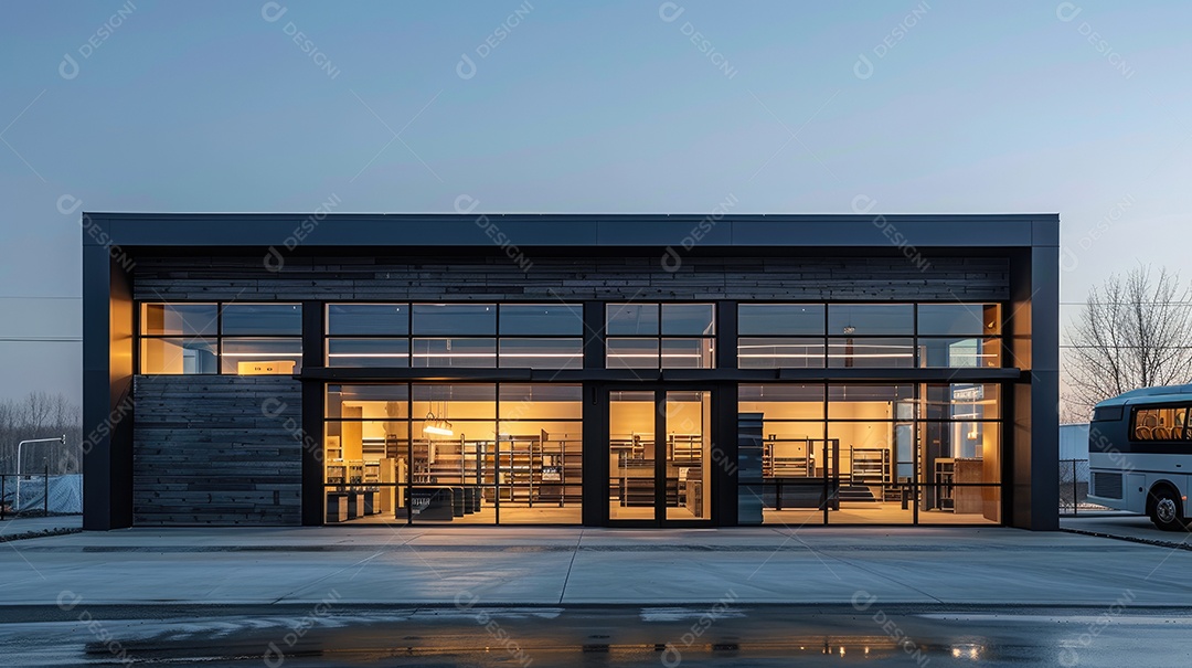 Um armazém moderno preto com fachada de vidro na hora azul