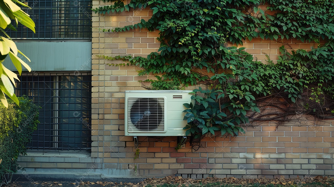 A aparência desgastada de um velho ar condicionado cercado por hera trepadeira
