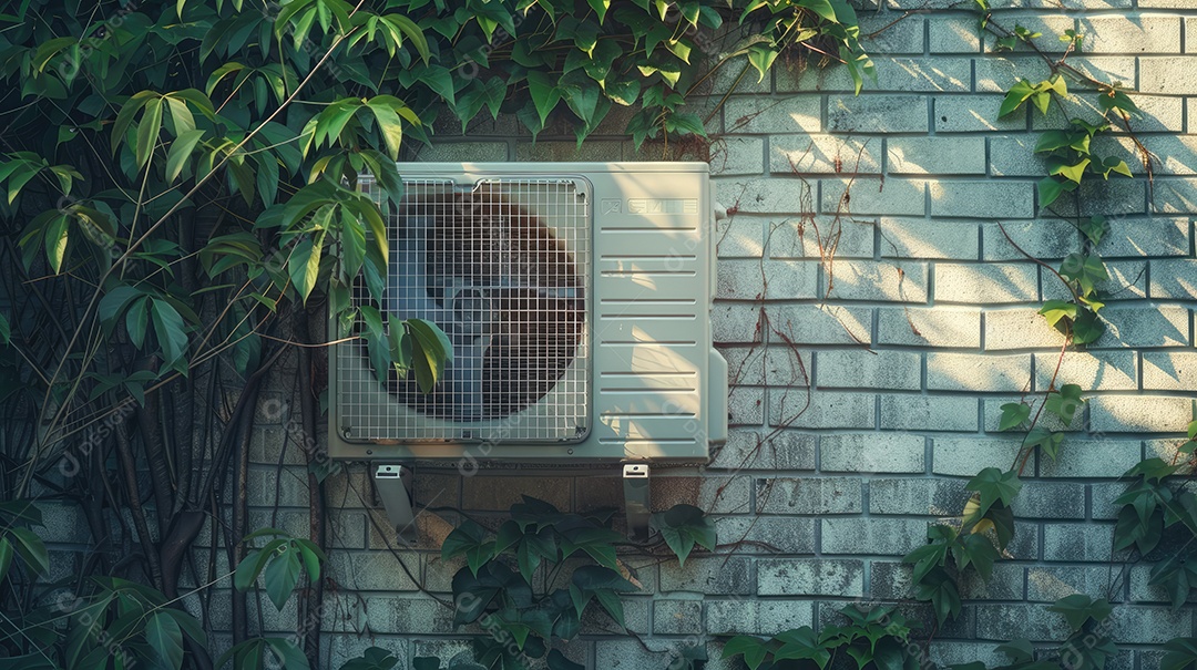 A aparência desgastada de um velho ar condicionado cercado por hera trepadeira