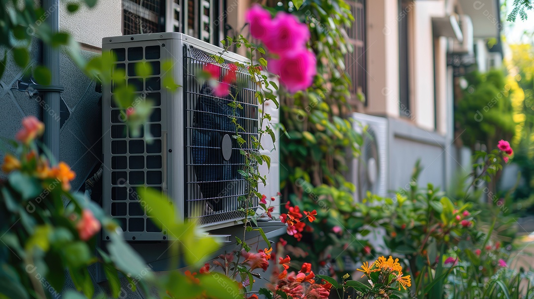 A aparência desgastada de um velho ar condicionado cercado por hera trepadeira