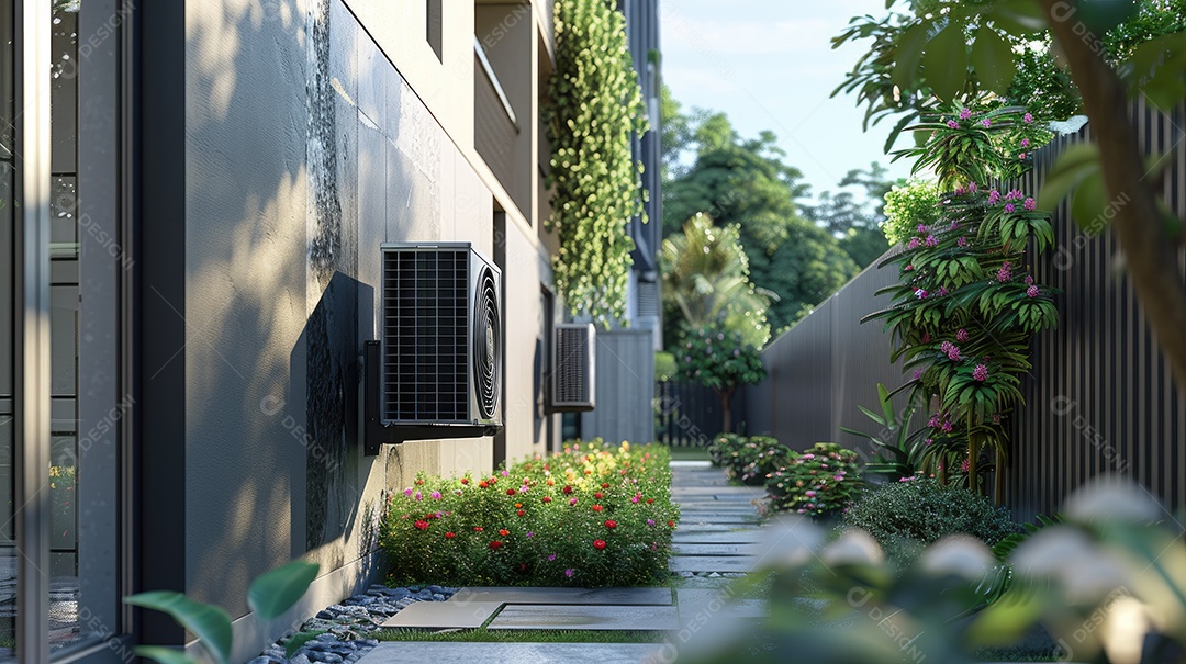 A aparência desgastada de um velho ar condicionado cercado por hera trepadeira