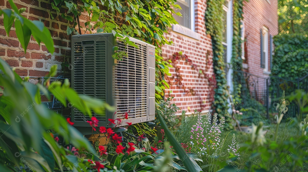 A aparência desgastada de um velho ar condicionado cercado por hera trepadeira