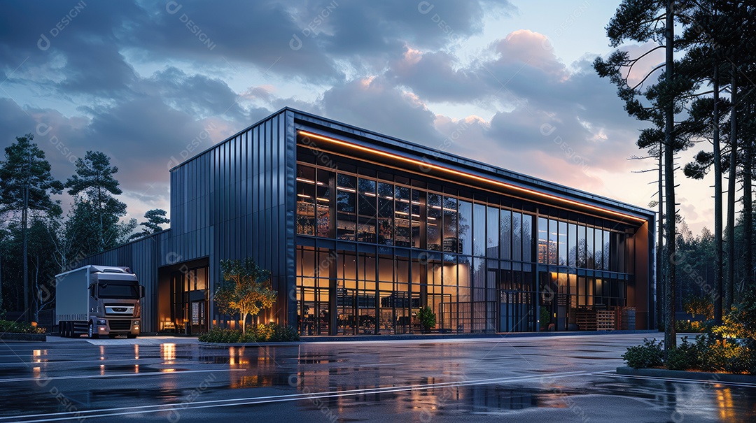 Um armazém moderno preto com fachada de vidro na hora azul