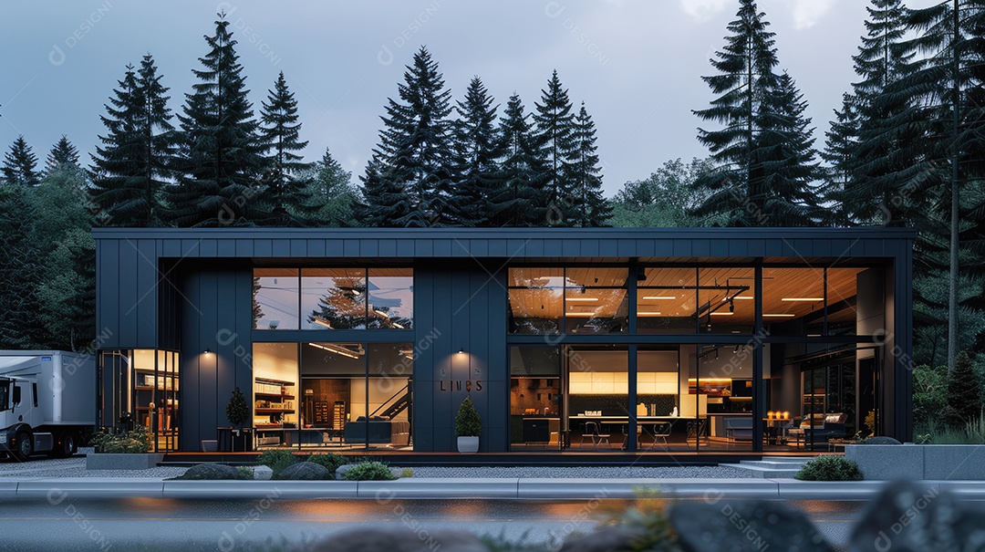 Um armazém moderno preto com fachada de vidro na hora azul