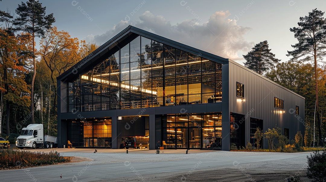 Um armazém moderno preto com fachada de vidro na hora azul