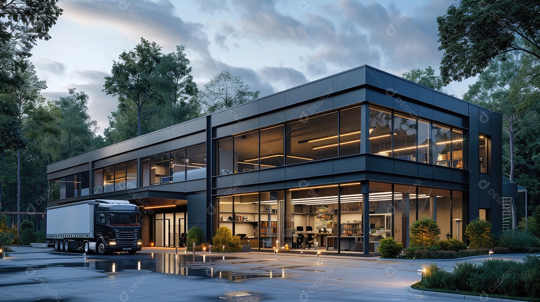 Um armazém moderno preto com fachada de vidro na hora azul