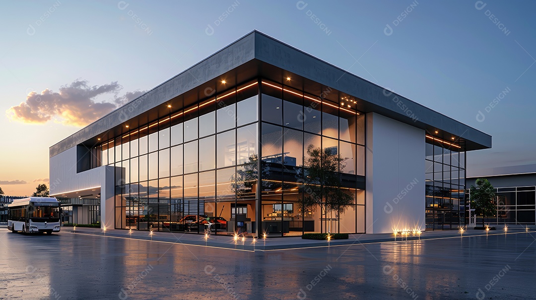 Um armazém moderno preto com fachada de vidro na hora azul