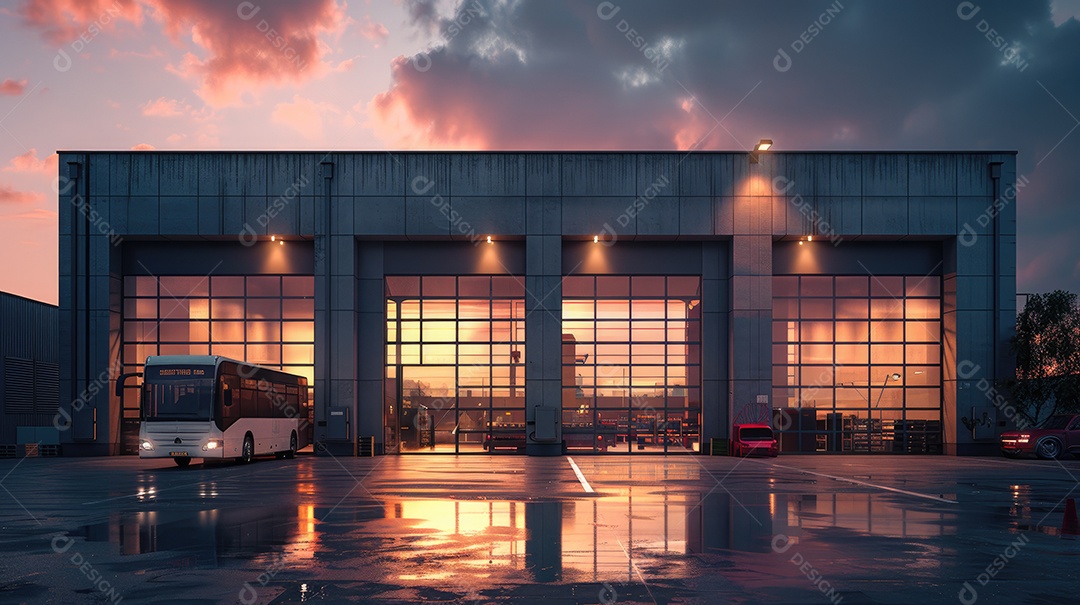 Um armazém moderno preto com fachada de vidro na hora azul