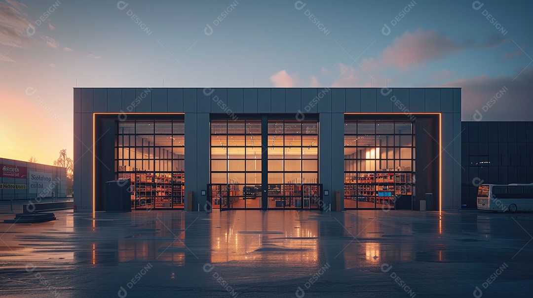 Um armazém moderno preto com fachada de vidro na hora azul
