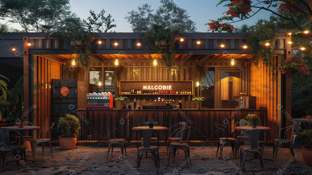 Exterior de loja de varejo moderna com móveis de pátio ao ar livre no terraço e produtos em exposição