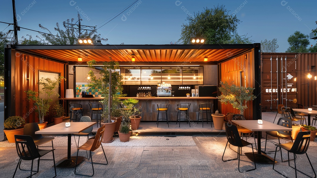 Exterior de loja de varejo moderna com móveis de pátio ao ar livre no terraço e produtos em exposição