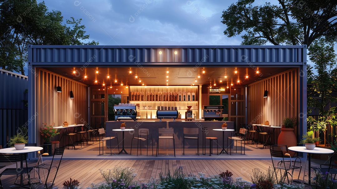 Exterior de loja de varejo moderna com móveis de pátio ao ar livre no terraço e produtos em exposição