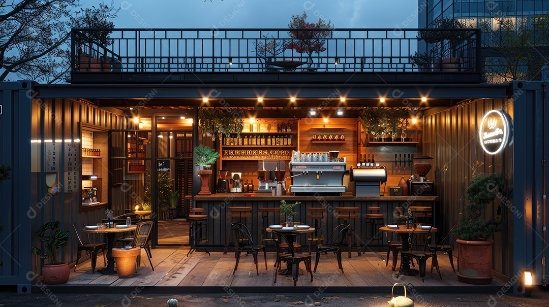 Exterior de loja de varejo moderna com móveis de pátio ao ar livre no terraço e produtos em exposição