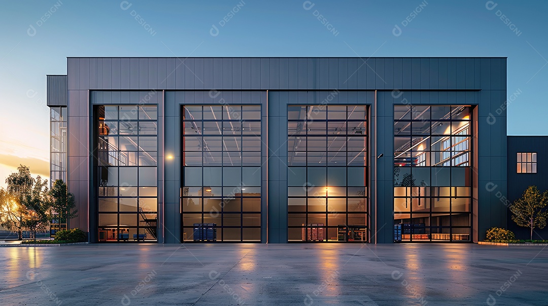 Um armazém moderno preto com fachada de vidro na hora azul