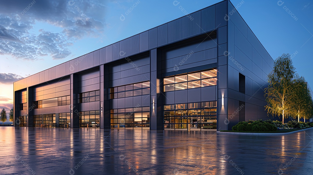 Um armazém moderno preto com fachada de vidro na hora azul