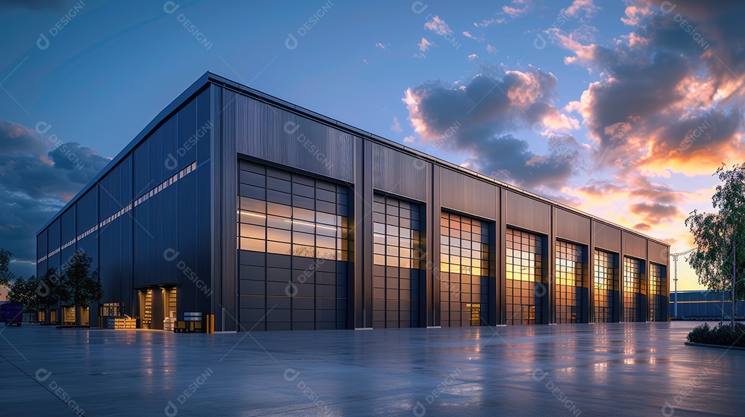 Um armazém moderno preto com fachada de vidro na hora azul