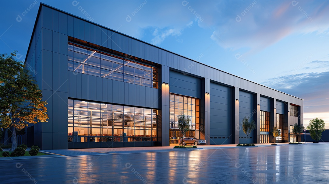 Um armazém moderno preto com fachada de vidro na hora azul