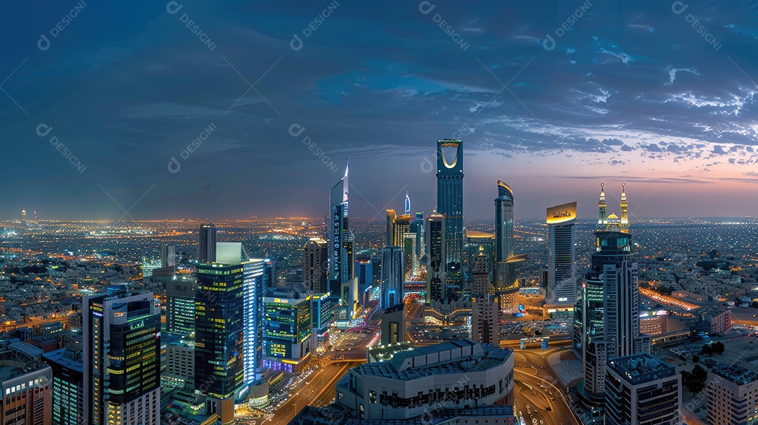 Paisagem urbana vista do alto dos arranha-céus ao entardecer