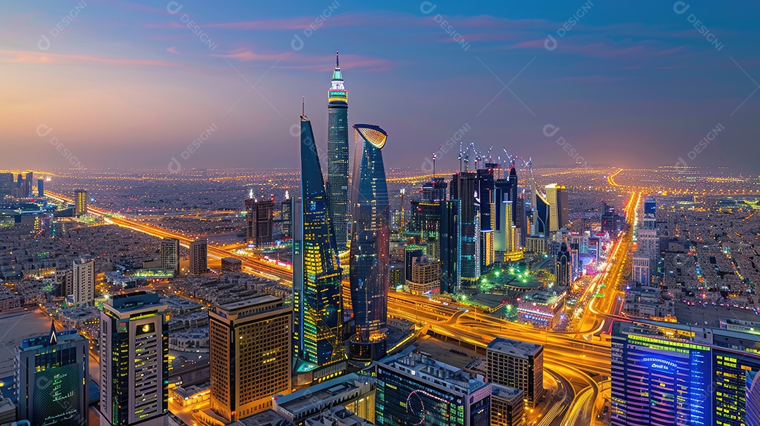 Paisagem urbana vista do alto dos arranha-céus ao entardecer