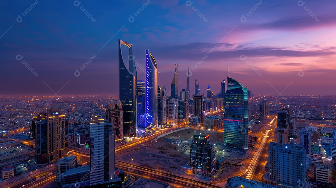 Paisagem urbana vista do alto dos arranha-céus ao entardecer