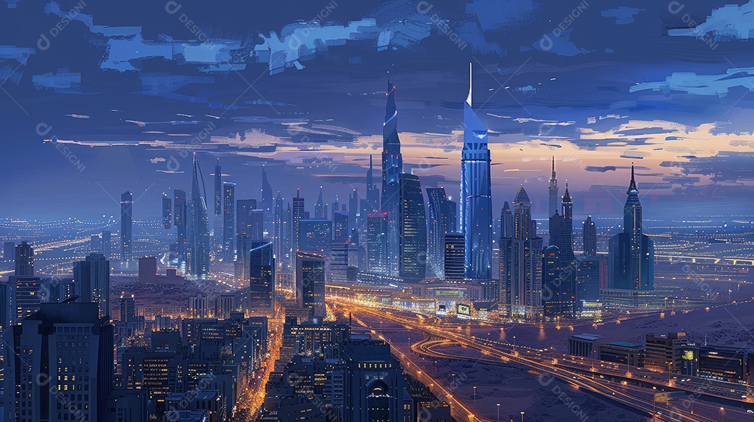 Paisagem urbana vista do alto dos arranha-céus ao entardecer