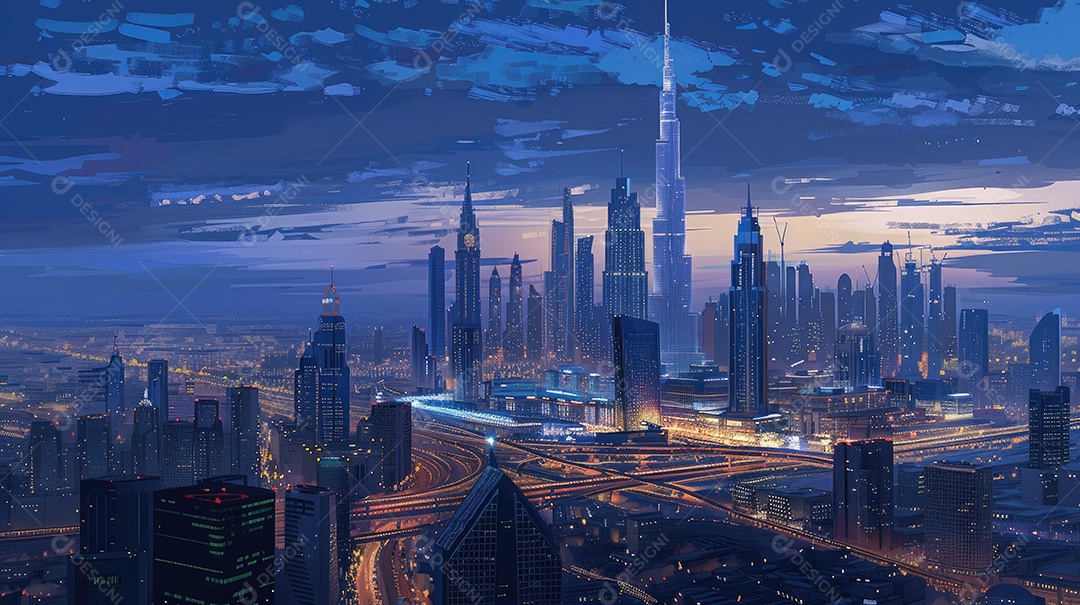 Paisagem urbana vista do alto dos arranha-céus ao entardecer