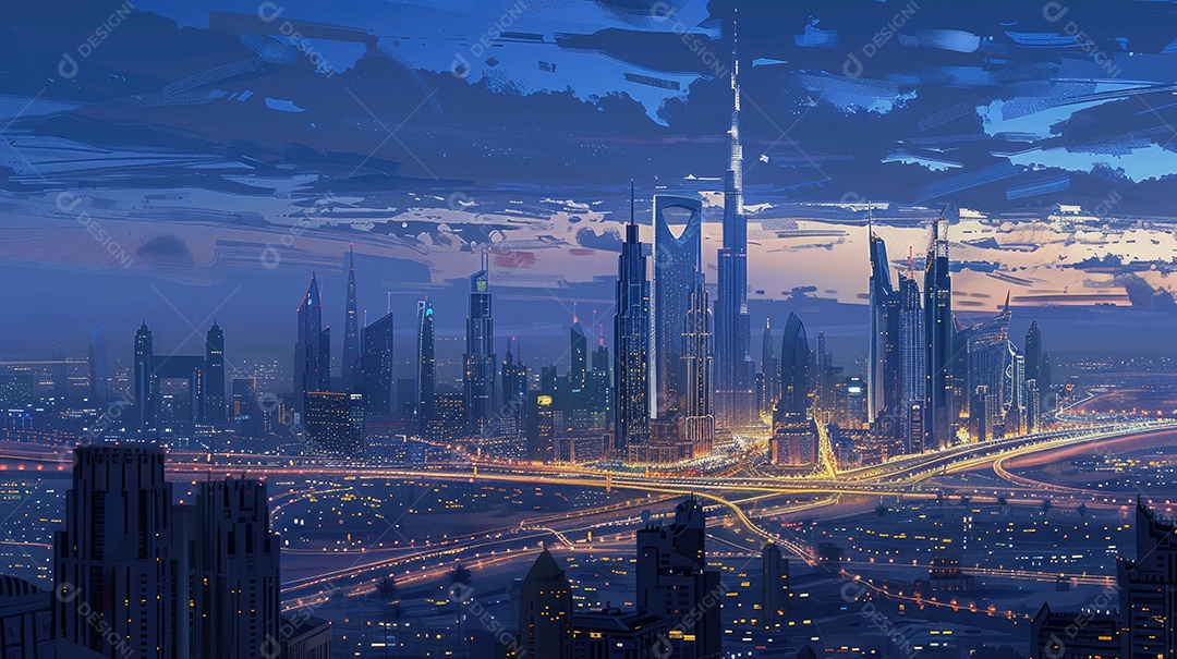 Paisagem urbana vista do alto dos arranha-céus ao entardecer