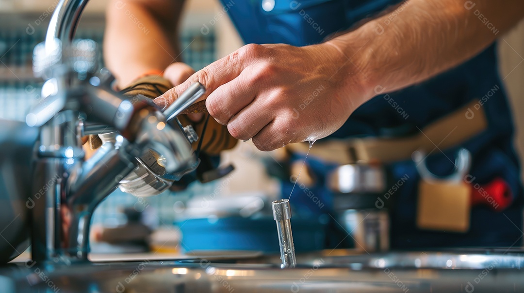 Uma chave ajustável na mão de um encanador consertando um cano de pia com vazamento