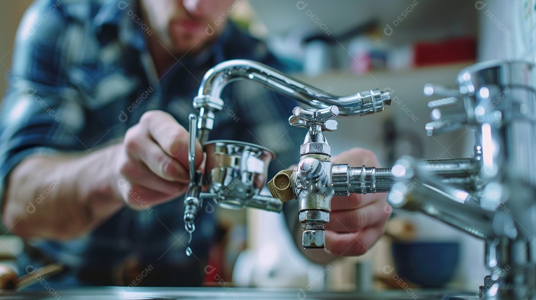 Uma chave ajustável na mão de um encanador consertando um cano de pia com vazamento