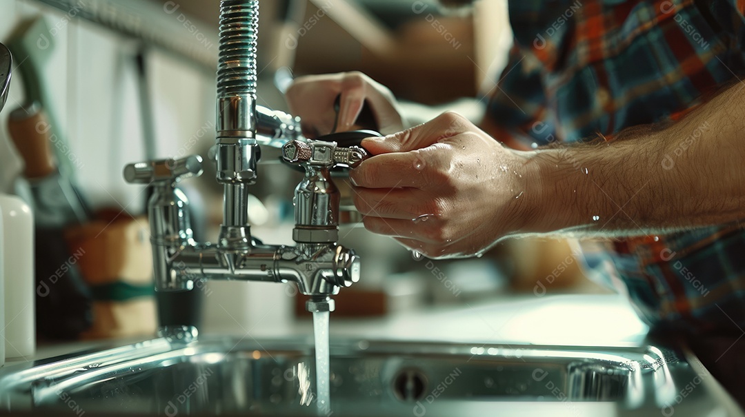 Uma chave ajustável na mão de um encanador consertando um cano de pia com vazamento