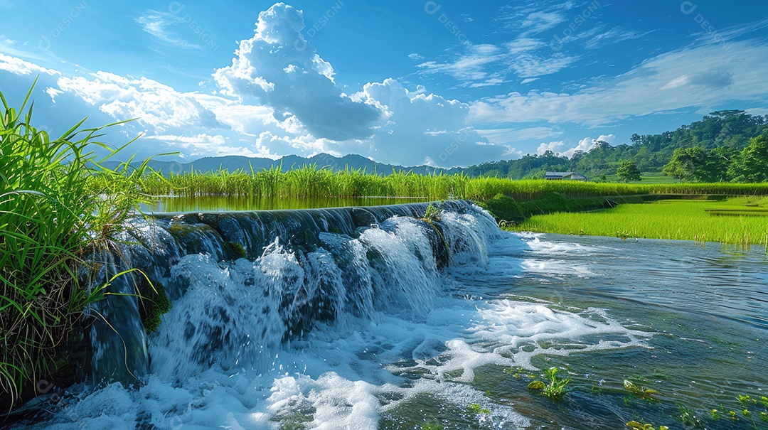 Água sendo coletada de uma barragem artificial nos campos de arroz que estão localizados próximos a um campo de arroz tailandês e palmeiras em ambos os lados do rio com céu azul e grama verde ao fundo