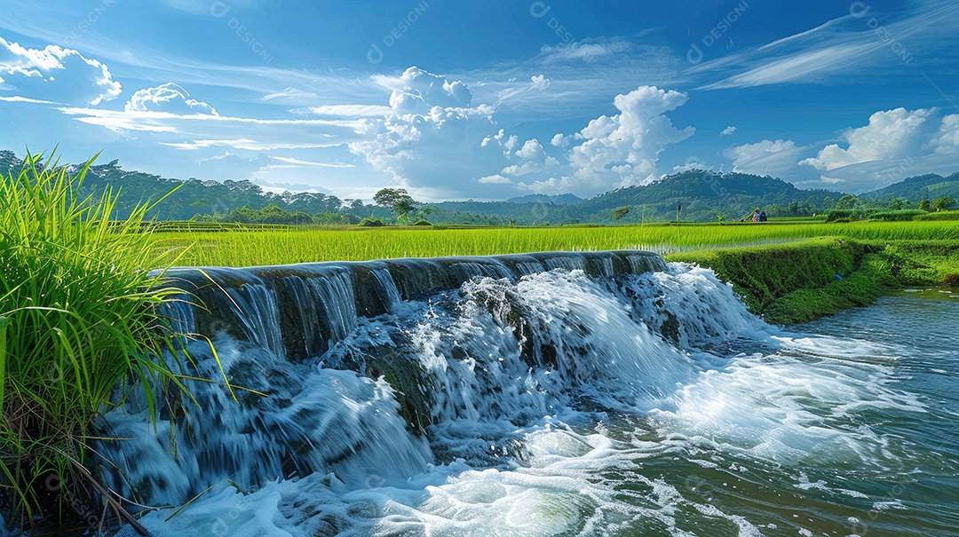 Água sendo coletada de uma barragem artificial nos campos de arroz que estão localizados próximos a um campo de arroz tailandês e palmeiras em ambos os lados do rio com céu azul e grama verde ao fundo